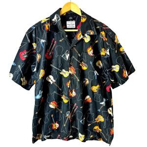 David Carey Originals Black All Over Guitar Print Hawaiian Shirt Mens Size Large